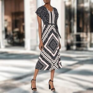 London Times Women’s V-neck Short Sleeves Pink Black Maxi Dress Sz Medium